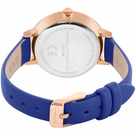 French Connection Rose Case Round Shape Blue Strap Quartz Watch  