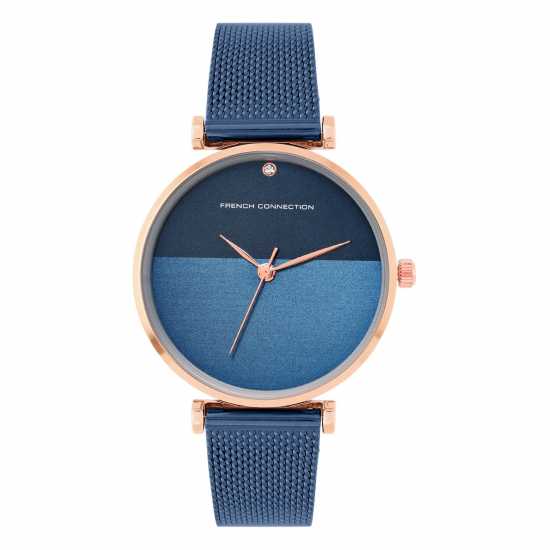 French Connection Rose Case Round Shape Blue Strap Quartz Watch  