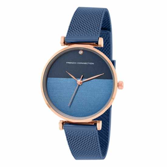 French Connection Rose Case Round Shape Blue Strap Quartz Watch  