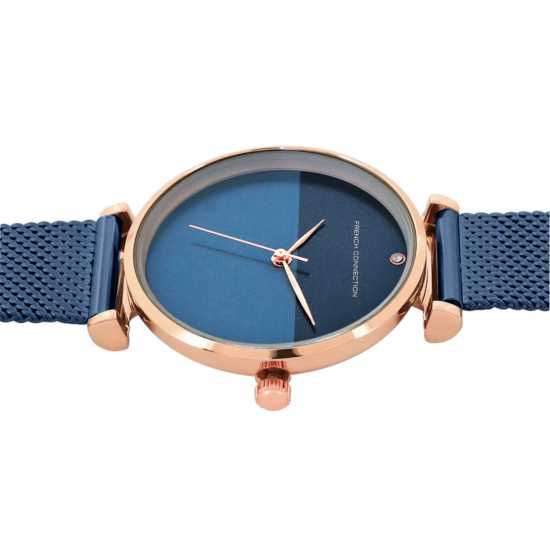 French Connection Rose Case Round Shape Blue Strap Quartz Watch  