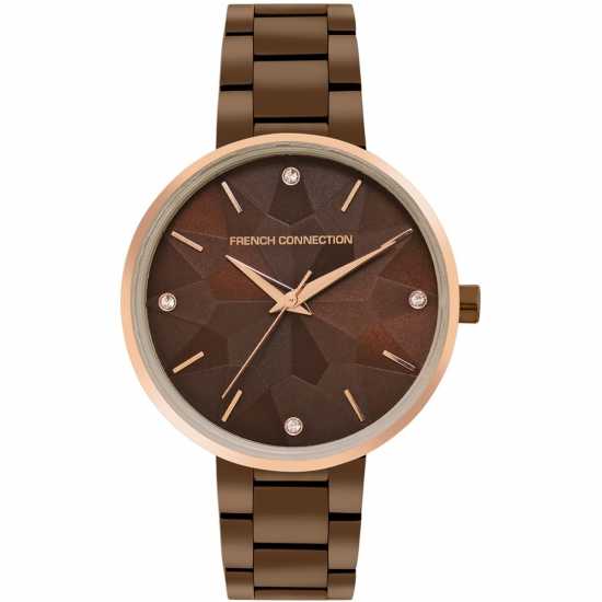 French Connection Rose Case Round Shape Brown Strap Quartz Watch  
