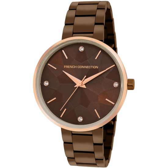 French Connection Rose Case Round Shape Brown Strap Quartz Watch  