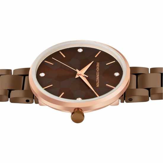 French Connection Rose Case Round Shape Brown Strap Quartz Watch  