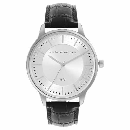 French Connection Silver Case Round Shape Black Strap Quartz Watch  