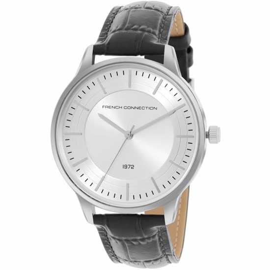 French Connection Silver Case Round Shape Black Strap Quartz Watch  