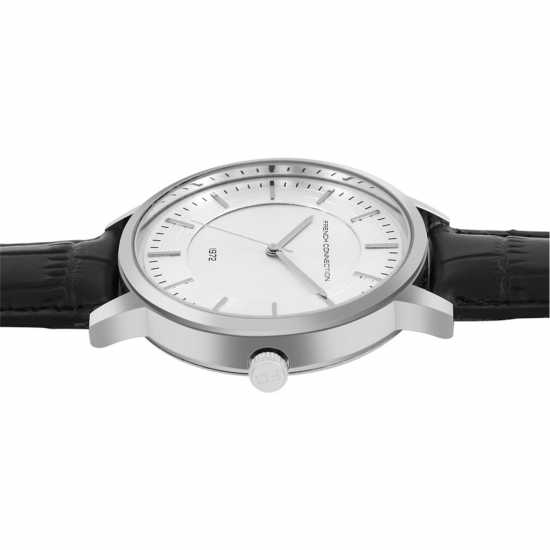 French Connection Silver Case Round Shape Black Strap Quartz Watch  