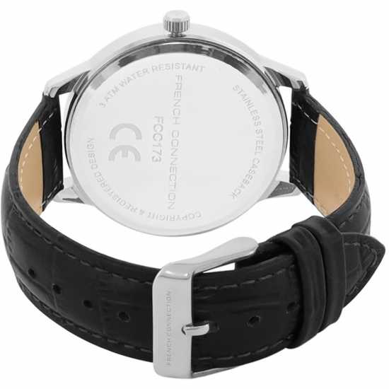 French Connection Silver Case Round Shape Black Strap Quartz Watch  