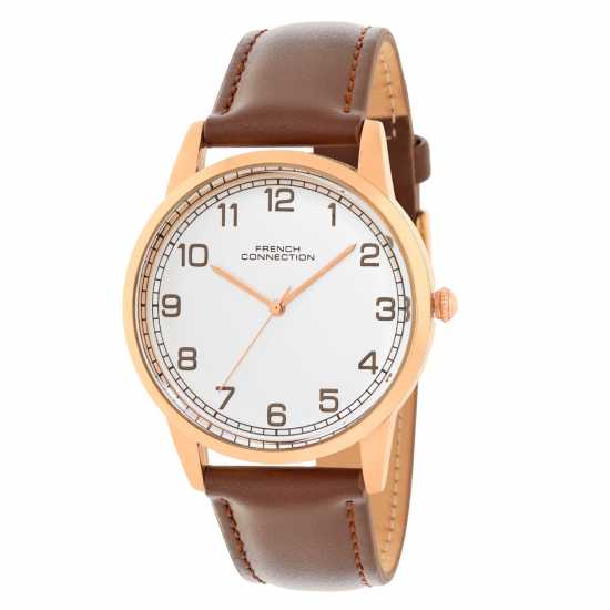 French Connection Rose Case Round Shape Black Strap Quartz Watch  