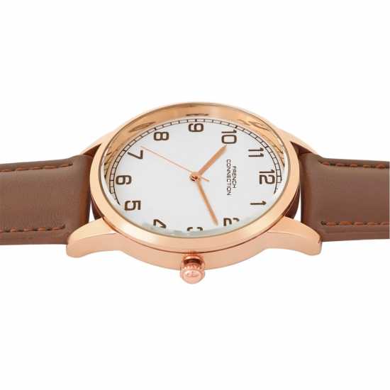 French Connection Rose Case Round Shape Black Strap Quartz Watch  