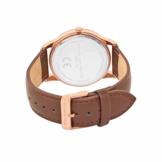 French Connection Rose Case Round Shape Black Strap Quartz Watch  