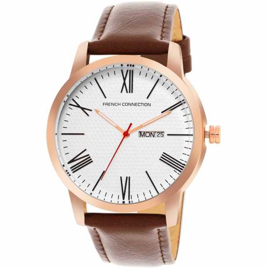French Connection Rose Case Round Shape Brown Strap Quartz Watch  