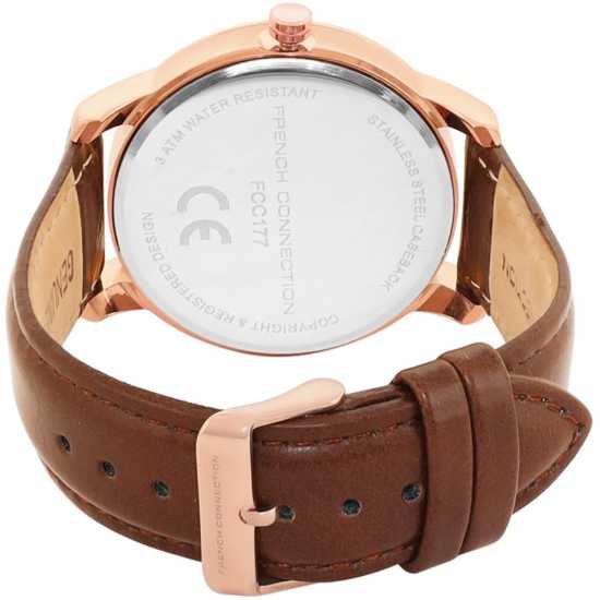 French Connection Rose Case Round Shape Brown Strap Quartz Watch  