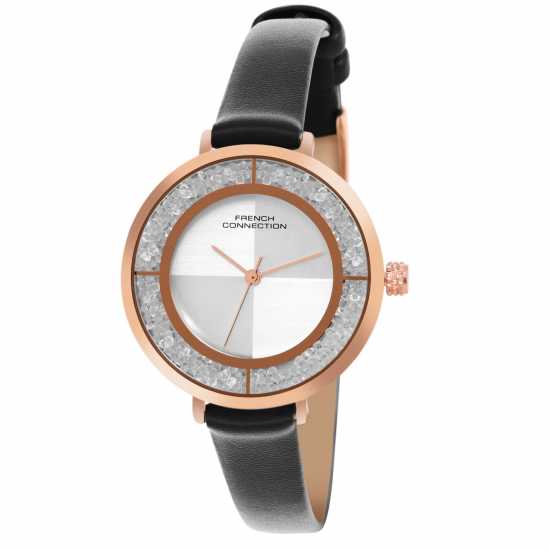 French Connection Rose Case Round Shape Black Strap Quartz Watch  