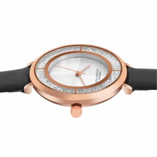 French Connection Rose Case Round Shape Black Strap Quartz Watch  