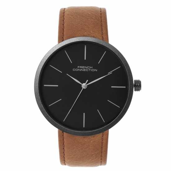 French Connection Black Case Round Shape Brown Strap Quartz Watch  
