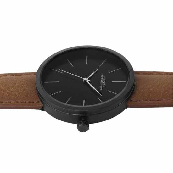 French Connection Black Case Round Shape Brown Strap Quartz Watch  