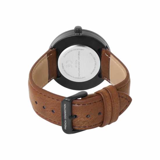 French Connection Black Case Round Shape Brown Strap Quartz Watch  