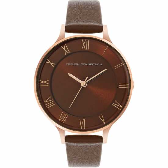 French Connection Rose Case Round Shape Brown Strap Quartz Watch  