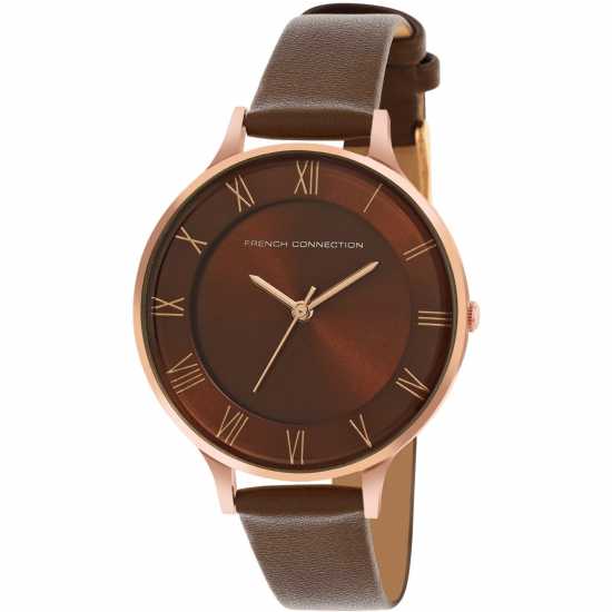 French Connection Rose Case Round Shape Brown Strap Quartz Watch  