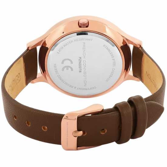 French Connection Rose Case Round Shape Brown Strap Quartz Watch  