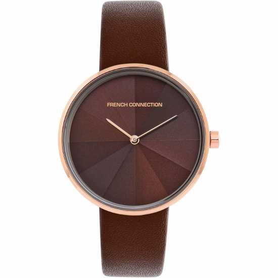 French Connection Rose Case Round Shape Brown Strap Quartz Watch  