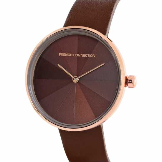 French Connection Rose Case Round Shape Brown Strap Quartz Watch  