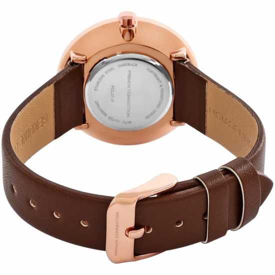 French Connection Rose Case Round Shape Brown Strap Quartz Watch  