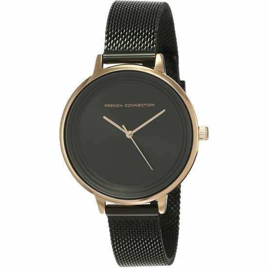 French Connection Rose Case Round Shape Black Strap Quartz Watch  