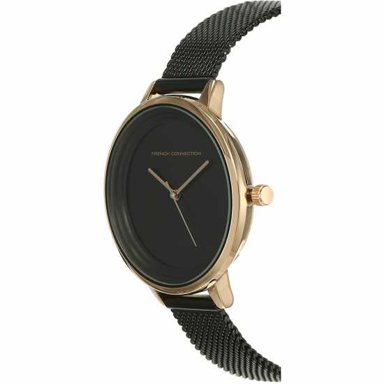 French Connection Rose Case Round Shape Black Strap Quartz Watch  