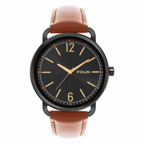 Fcuk Black Case Round Shape Tan Strap Quartz Watch  