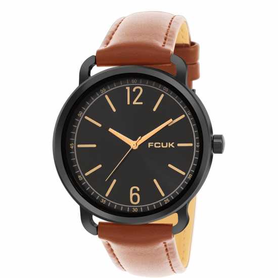 Fcuk Black Case Round Shape Tan Strap Quartz Watch  