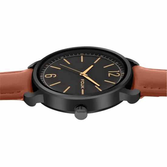 Fcuk Black Case Round Shape Tan Strap Quartz Watch  