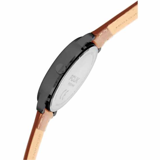 Fcuk Black Case Round Shape Tan Strap Quartz Watch  