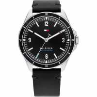 Tommy Hilfiger Gents Stainless Steel Black Leather Strap Watch