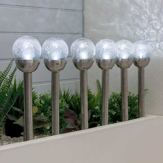 Pack Of 6 8Cm Solar Crackle Glass Ball Stake Solar