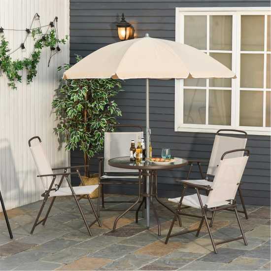 Outsunny 6 Piece Garden Dining Set With Umbrella White Лагерни маси и столове
