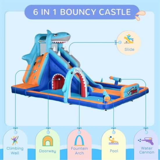 Outsunny 6 In 1 Shark Bouncy Castle Water Slide  Подаръци и играчки