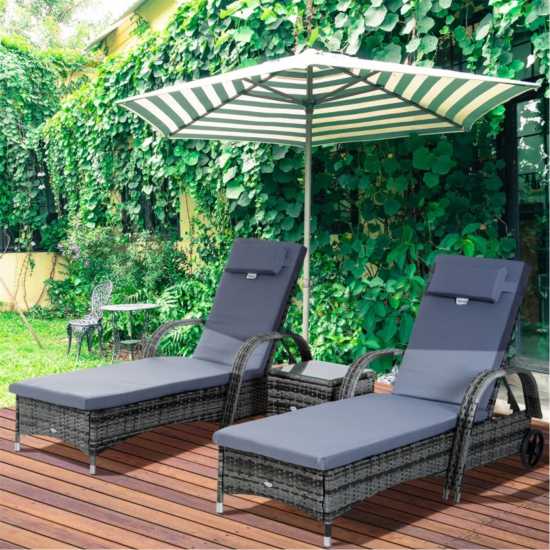Outsunny 3 Pieces Rattan Sun Loungers Grey Градина