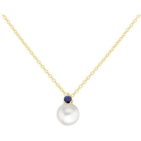 9Ct Gold Round Pearl With Blue Cz Necklace