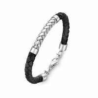 Sterling Silver Herringbone Black Leather Bracelet