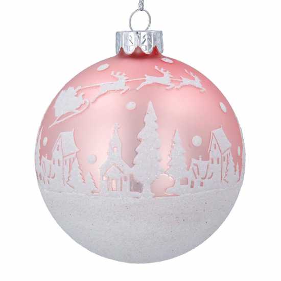 Matt Pink Glass Bauble With Irid Glitter Snow Scene  Коледна украса