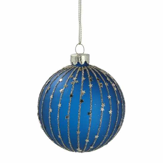 Matt Blue Glass Bauble With Gold Star Stripes  Коледна украса