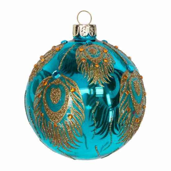 Clear Turquoise Glass Bauble With Gold Peacock Feathers  Коледна украса