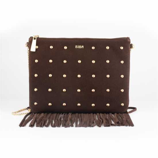 Biba Suede Fringe Studded Pouch  Дамски чанти