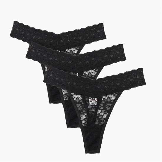 3 Pack Lace Thong Black - Дамско бельо