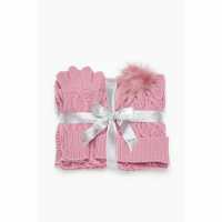 Piece Luxury Tan Cable Scarf Set Pink Ръкавици шапки и шалове