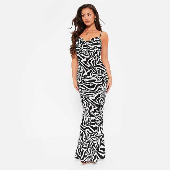 Cowl Neck Maxi Dress Black Zebra Дамски поли и рокли