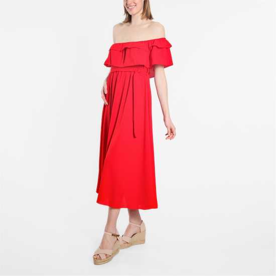 Frill Bardot Belted Midaxi Dress Red Дамски поли и рокли