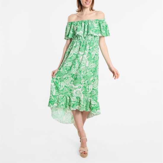 Средна Рокля Frill Bardot Dip Back Midi Dress Green Print Дамски поли и рокли