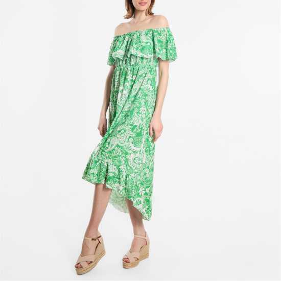 Средна Рокля Frill Bardot Dip Back Midi Dress Green Print Дамски поли и рокли